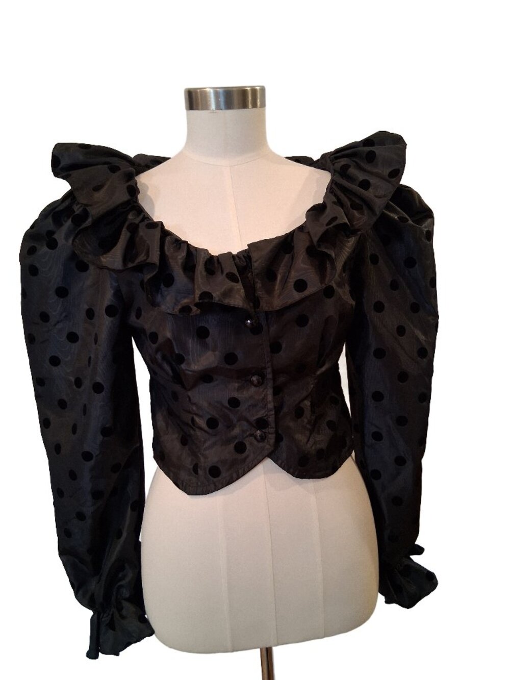 Vintage 80s Le Chateau Black Taffeta Cropped Blouse Big Ruffled Collar Medium